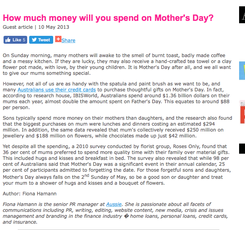 Click through link example of Fiona Hamann's copywriting about Mother's day spending